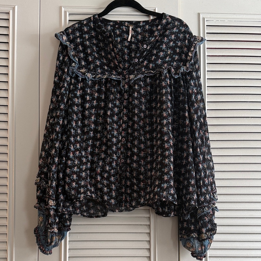 Free People Black Floral Ruffle Blouse